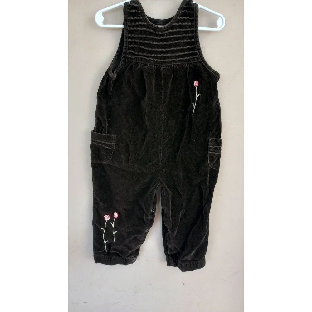 Vintage Gymboree Overalls Black Velvet‎ Pink Embroidered Roses 2T EUC